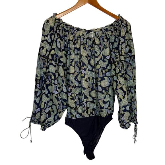 Free People Bodysuit Women XS Navy Blue Sundown Paisley Boho Peasant Festival - Picture 1 of 11